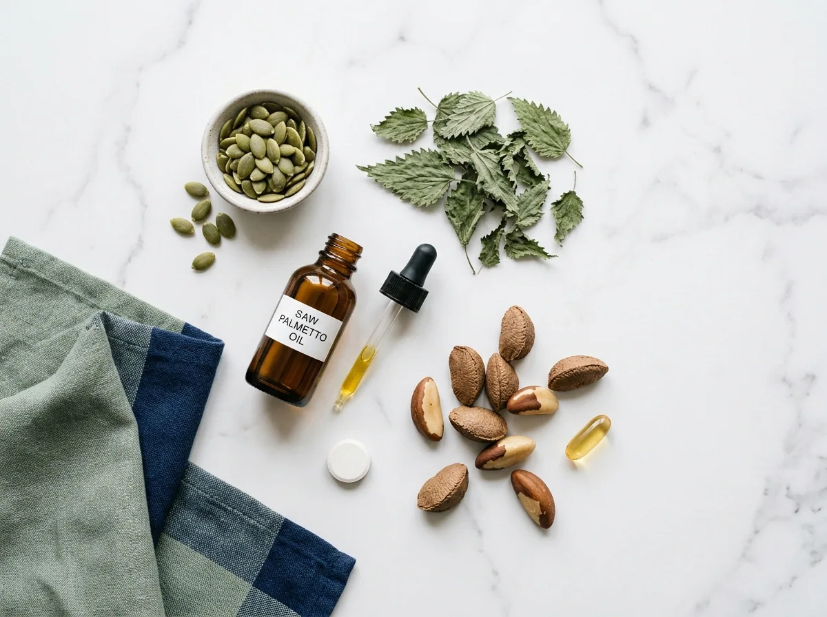 Natural supplement ingredients: pumpkin seeds, nettle leaves, saw palmetto, zinc, selenium Brazil nuts, vitamin E for men's urinary health food supplement