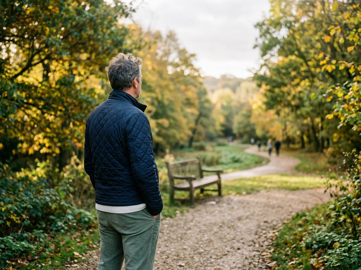 Anonymous man outdoors in British park, editorial wellness content for men over 50