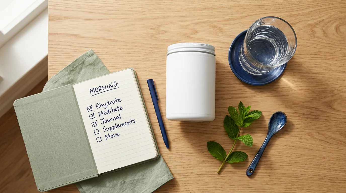 Healthy morning routine with Alpha Drive supplement tub, glass of water and checklist on wooden table